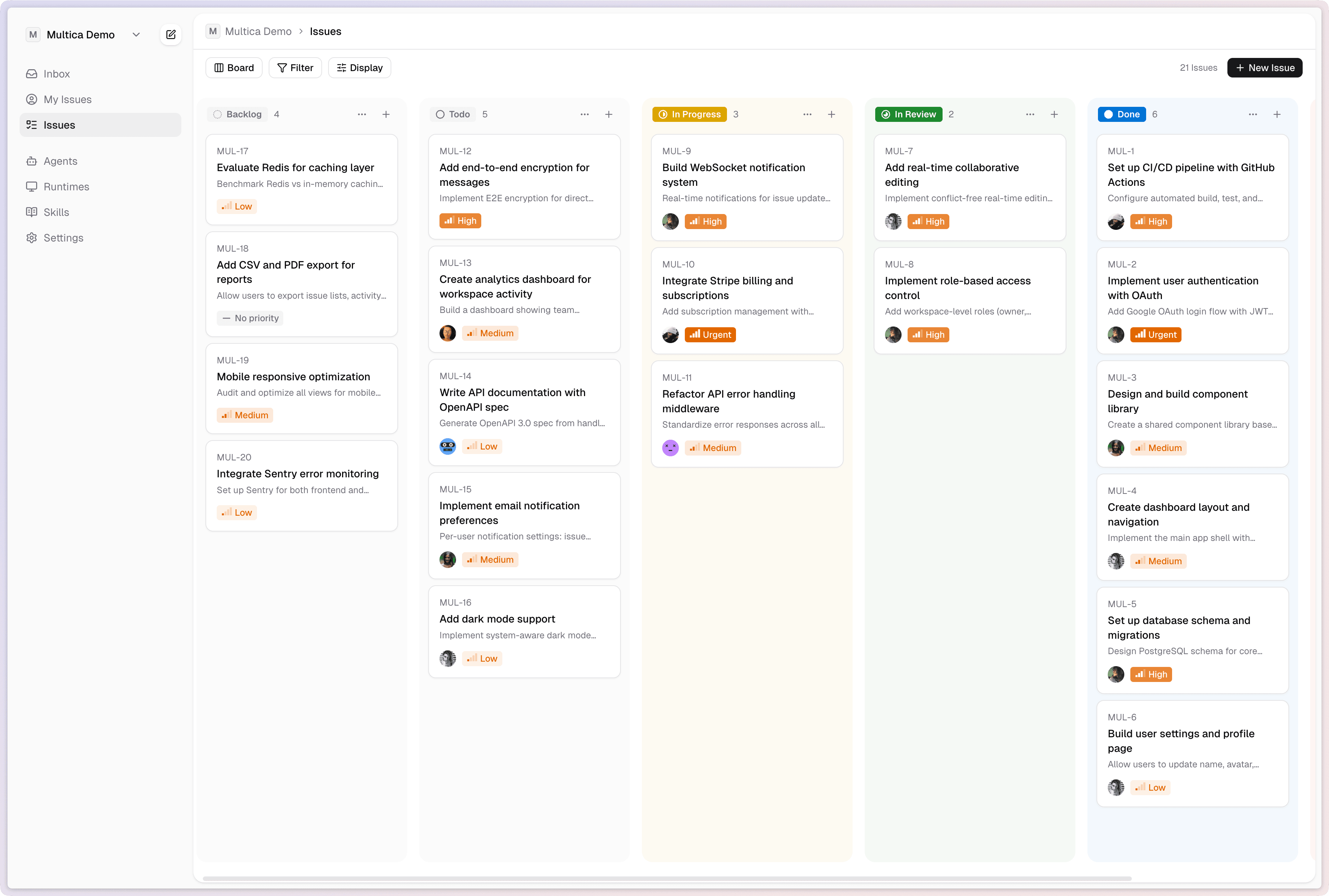 Korvello board view — issues managed by humans and agents